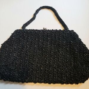 Vintage 1940s JOSEF Hand Beaded Black Evening Bag Beaded Handle Rhinestone Clasp